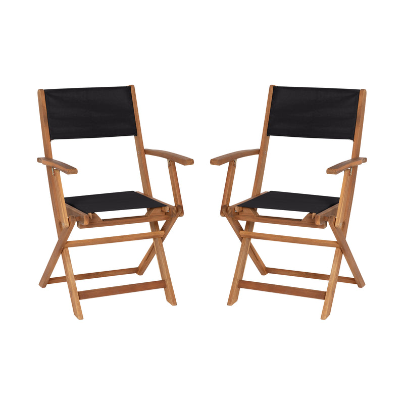 Zane Set of 2 Folding Patio Bistro Chairs with Arms, Acacia Wood X Base Frame and Textilene Back and Seat