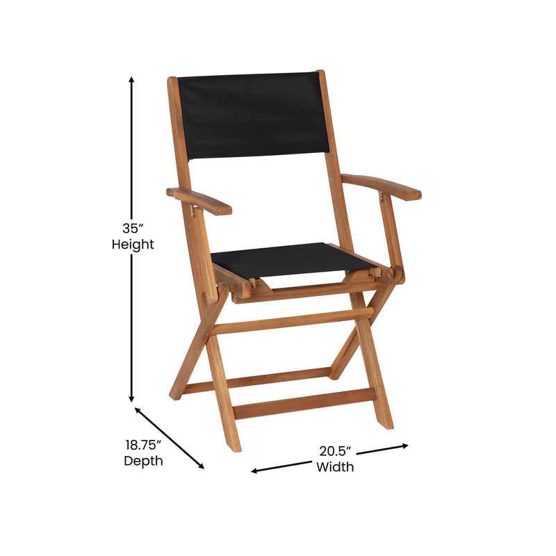 Zane Set of 2 Folding Patio Bistro Chairs with Arms, Acacia Wood X Base Frame and Textilene Back and Seat