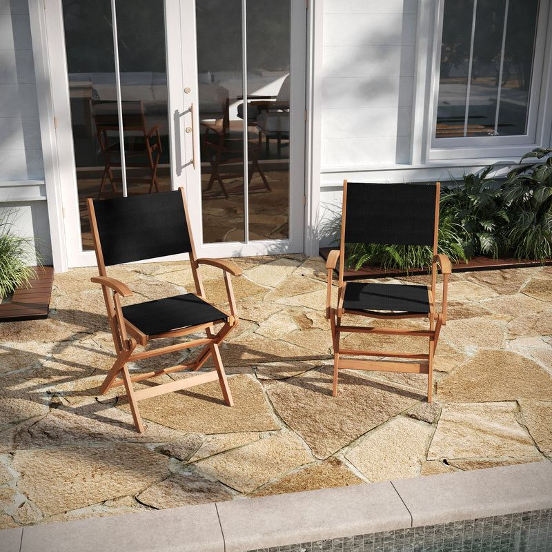 Zane Set of 2 Folding Patio Bistro Chairs with Arms, Acacia Wood X Base Frame and Textilene Back and Seat