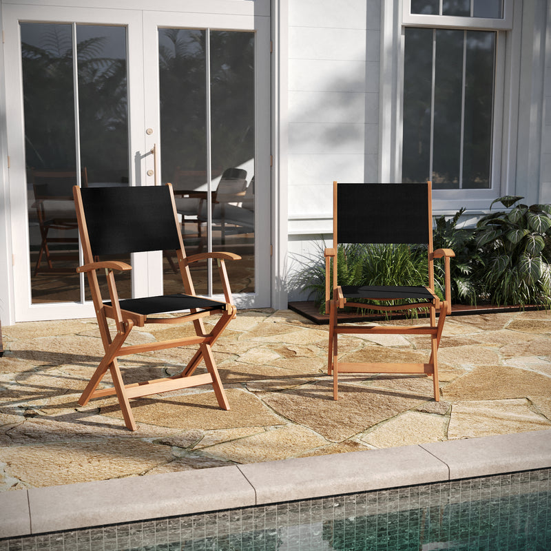 Zane Set of 2 Folding Patio Bistro Chairs with Arms, Acacia Wood X Base Frame and Textilene Back and Seat