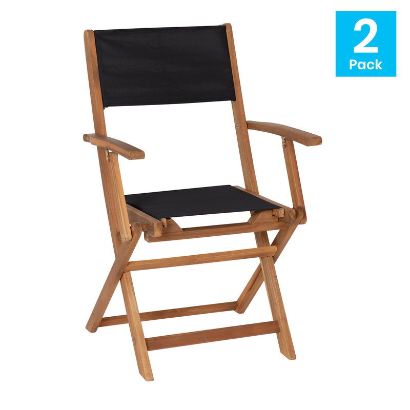 Zane Set of 2 Folding Patio Bistro Chairs with Arms, Acacia Wood X Base Frame and Textilene Back and Seat