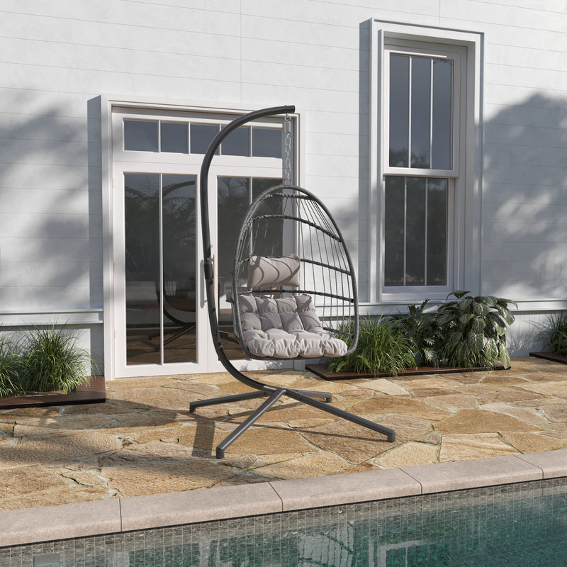 Corbin Patio Hanging Wicker Egg Chair with Plush Seat Cushions & Swing Stand for Indoor/Outdoor Use