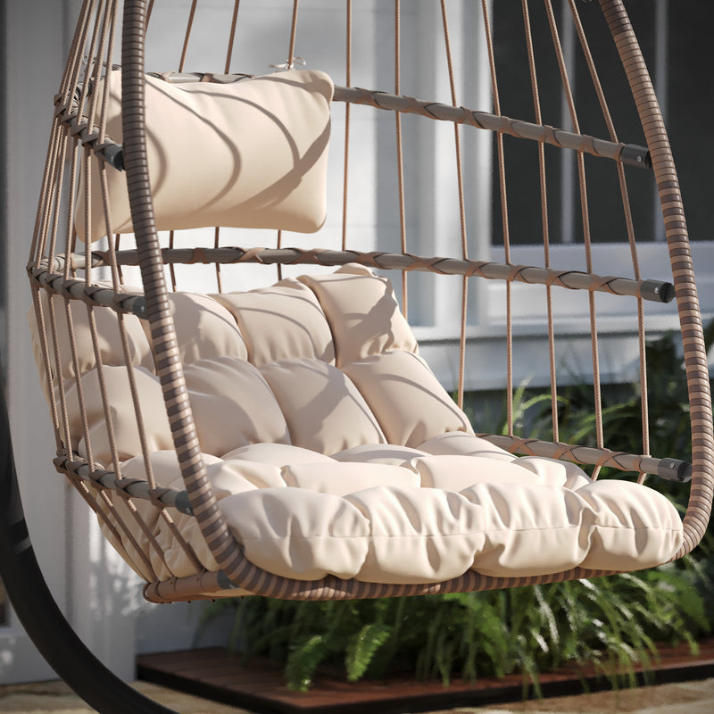 Corbin Patio Hanging Wicker Egg Chair with Plush Seat Cushions & Swing Stand for Indoor/Outdoor Use