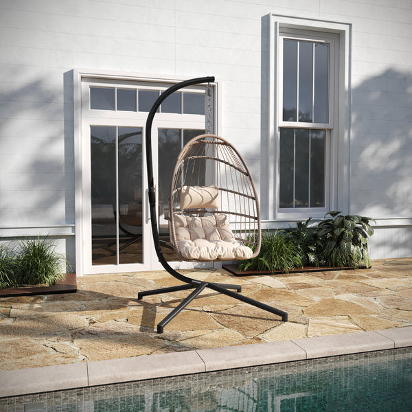 Corbin Patio Hanging Wicker Egg Chair with Plush Seat Cushions & Swing Stand for Indoor/Outdoor Use