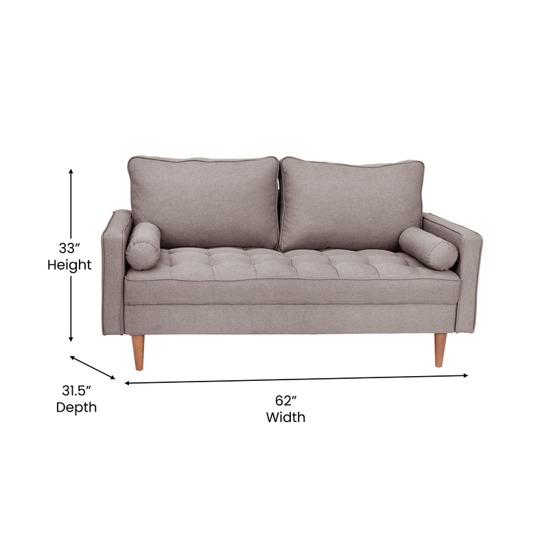 Hendrix Tufted Faux Linen Upholstered Mid-Century Modern Loveseat with Solid Wood Legs