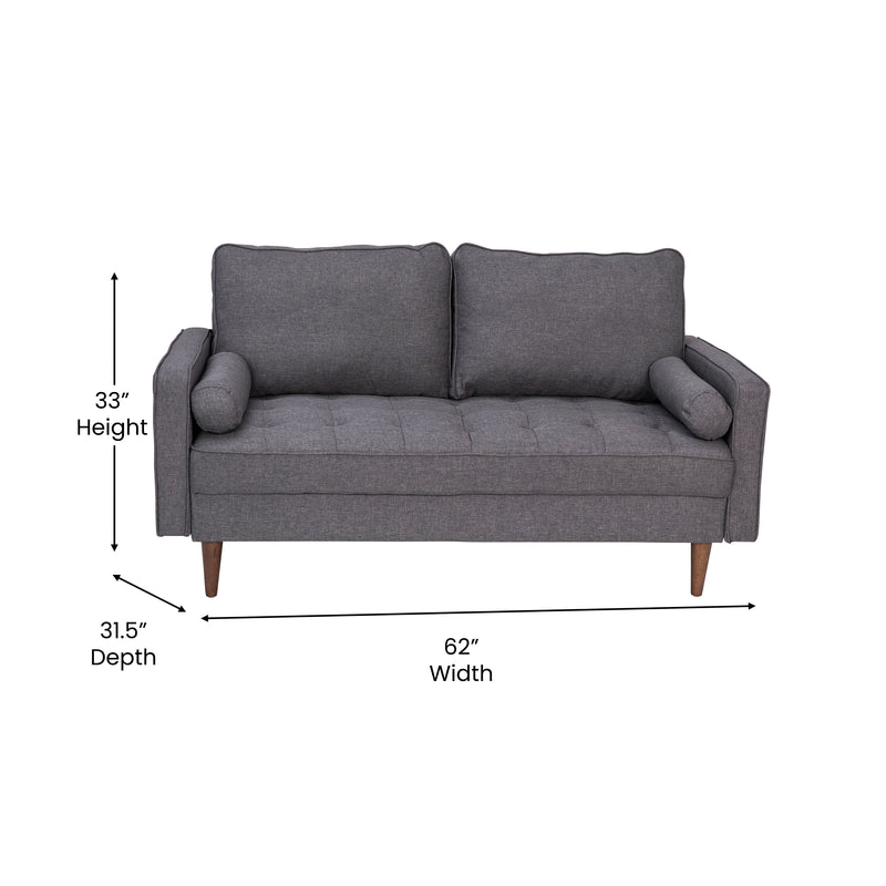 Hendrix Tufted Faux Linen Upholstered Mid-Century Modern Loveseat with Solid Wood Legs