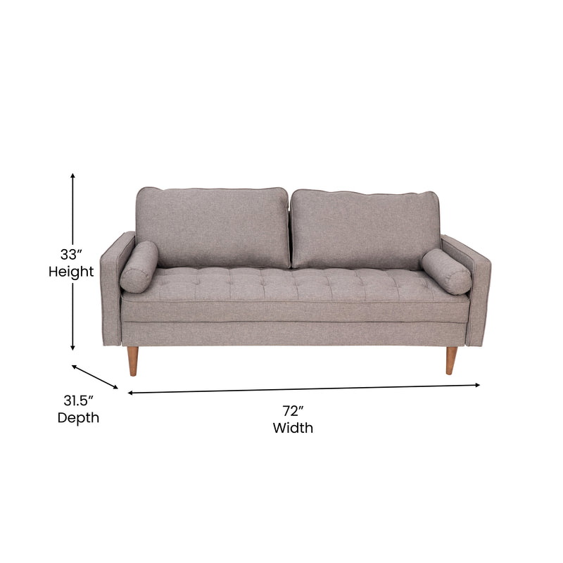 Hendrix Tufted Faux Linen Upholstered Mid-Century Modern Sofa with Solid Wood Legs