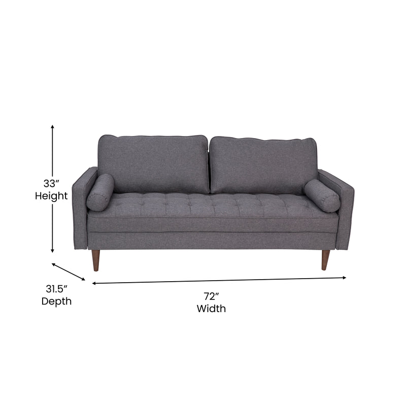 Hendrix Tufted Faux Linen Upholstered Mid-Century Modern Sofa with Solid Wood Legs