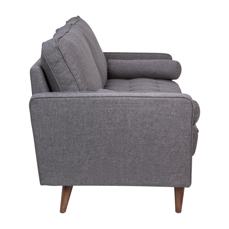 Hendrix Tufted Faux Linen Upholstered Mid-Century Modern Sofa with Solid Wood Legs