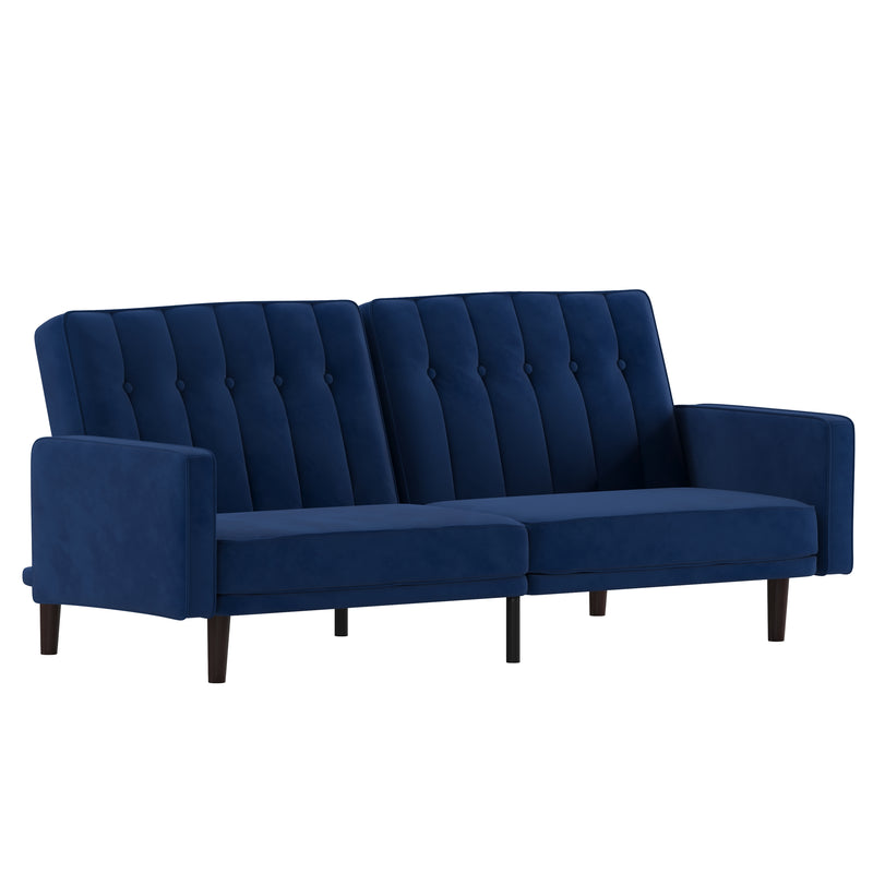 Citadel Premium Split Back Sofa Futon with Channel Tufted Velvet Upholstery in Navy with Solid Wood Legs