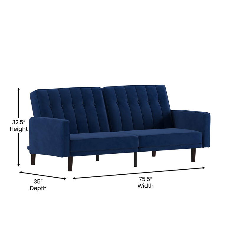 Citadel Premium Split Back Sofa Futon with Channel Tufted Velvet Upholstery in Navy with Solid Wood Legs