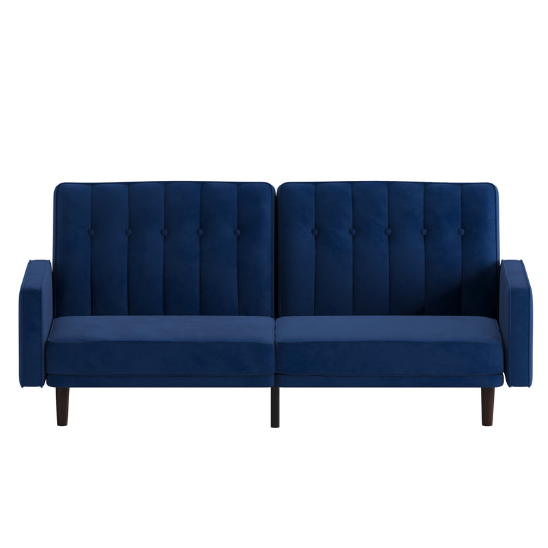 Citadel Premium Split Back Sofa Futon with Channel Tufted Velvet Upholstery in Navy with Solid Wood Legs