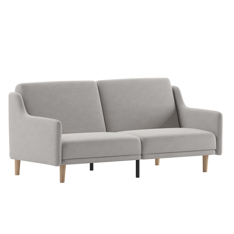 Devora Premium Upholstered Convertible Split Back Sofa Futon with Curved Armrests and Solid Wood Legs