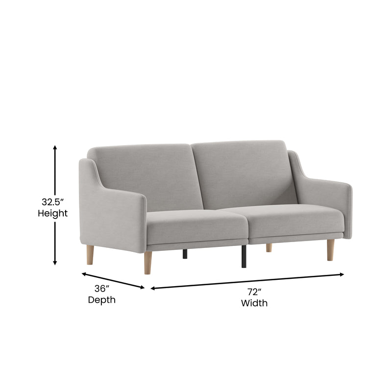 Devora Premium Upholstered Convertible Split Back Sofa Futon with Curved Armrests and Solid Wood Legs