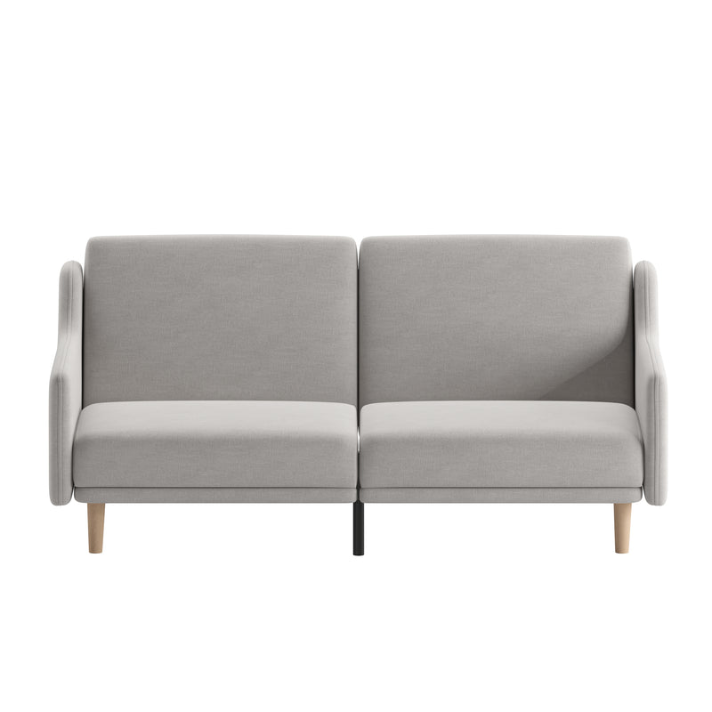 Devora Premium Upholstered Convertible Split Back Sofa Futon with Curved Armrests and Solid Wood Legs