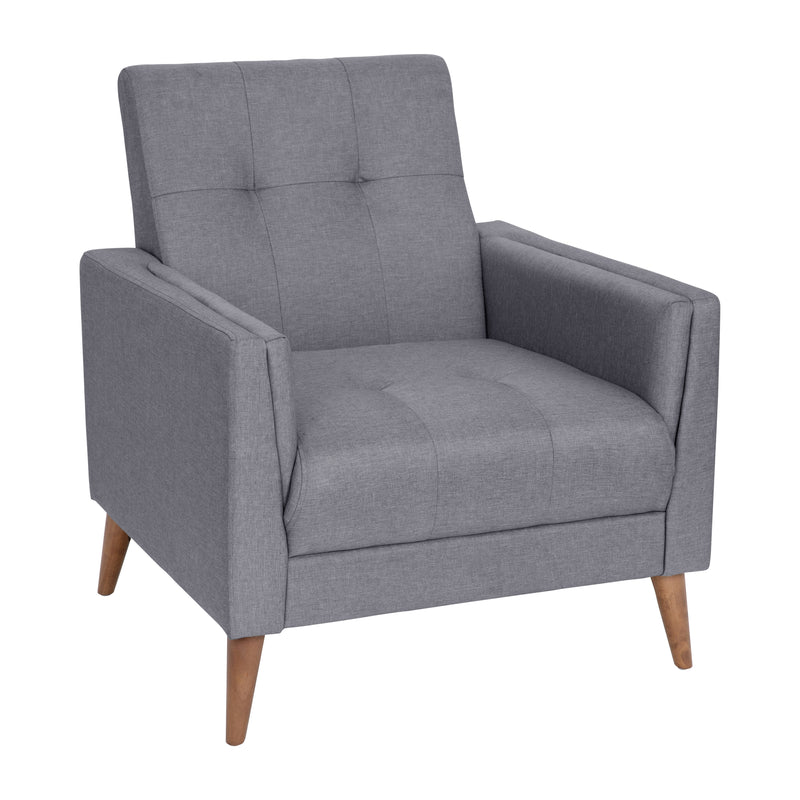 Cormac Mid-Century Modern Armchair with Tufted Faux Linen Upholstery & Solid Wood Legs