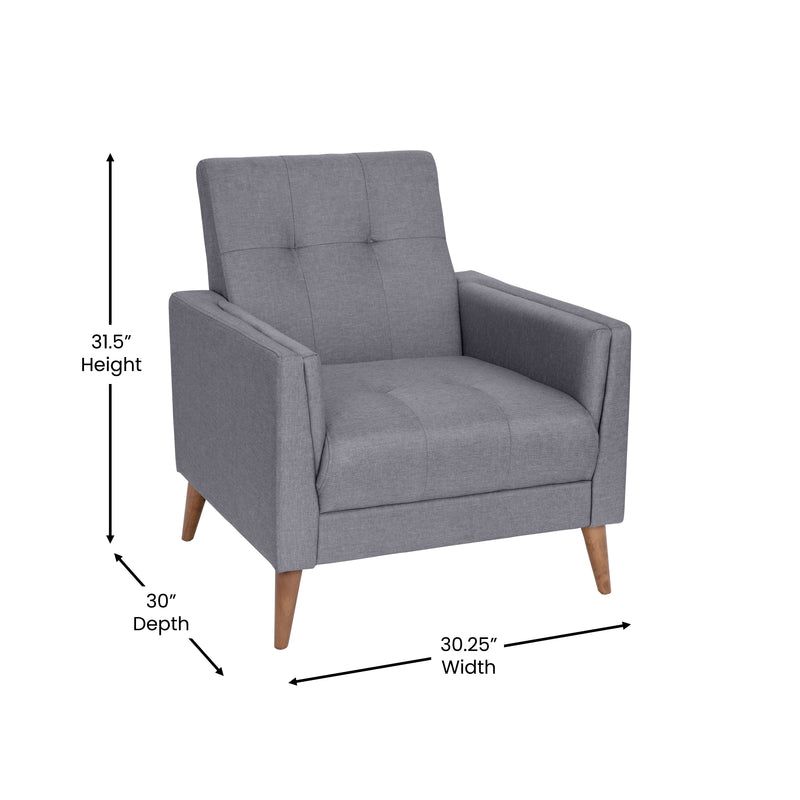 Cormac Mid-Century Modern Armchair with Tufted Faux Linen Upholstery & Solid Wood Legs