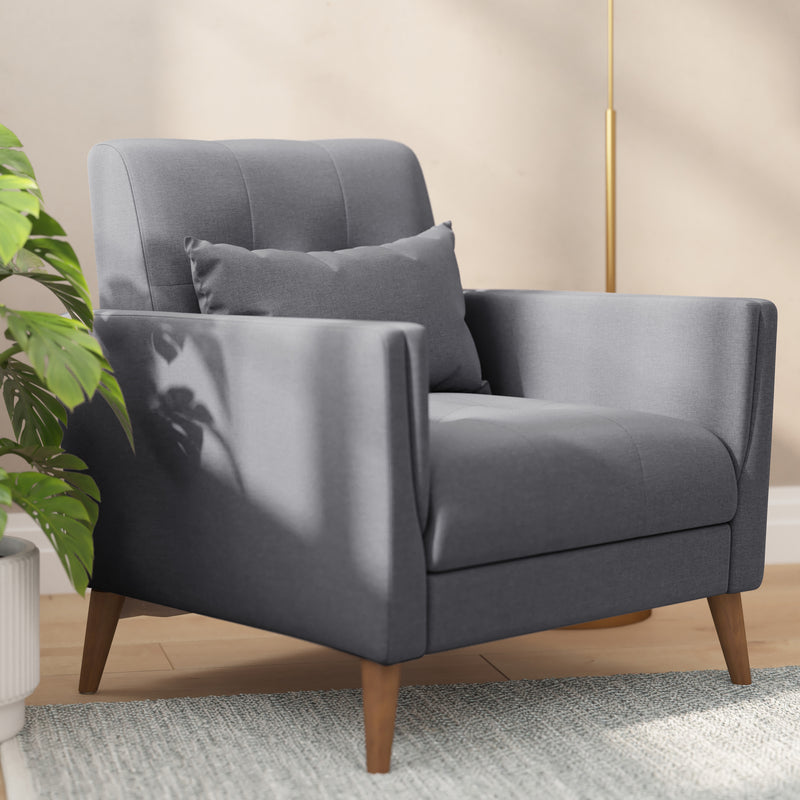 Cormac Mid-Century Modern Armchair with Tufted Faux Linen Upholstery & Solid Wood Legs