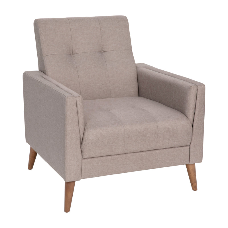 Cormac Mid-Century Modern Armchair with Tufted Faux Linen Upholstery & Solid Wood Legs