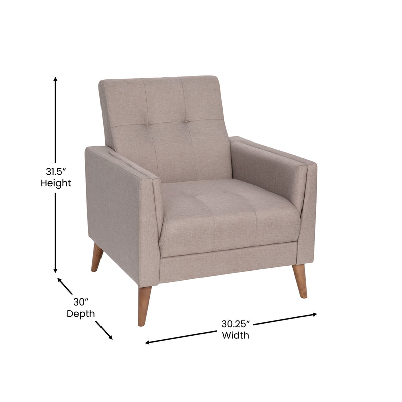 Cormac Mid-Century Modern Armchair with Tufted Faux Linen Upholstery & Solid Wood Legs