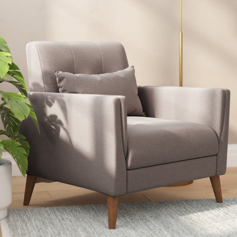 Cormac Mid-Century Modern Armchair with Tufted Faux Linen Upholstery & Solid Wood Legs