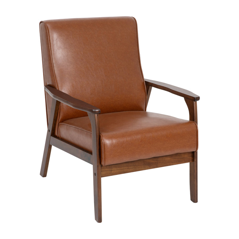 Lindley Mid-Century Modern Arm Chair with Walnut Finished Wood Frame and Faux Leather Upholstered Seat and Back Cushions