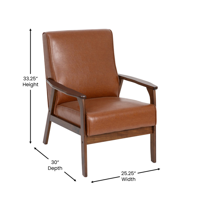 Lindley Mid-Century Modern Arm Chair with Walnut Finished Wood Frame and Faux Leather Upholstered Seat and Back Cushions