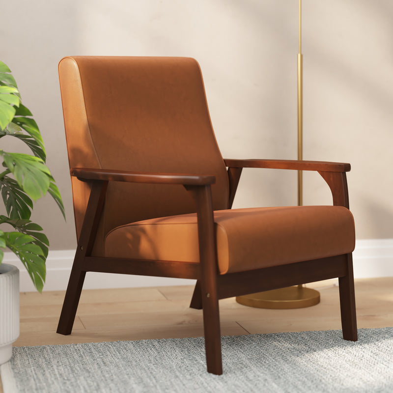 Lindley Mid-Century Modern Arm Chair with Walnut Finished Wood Frame and Faux Leather Upholstered Seat and Back Cushions