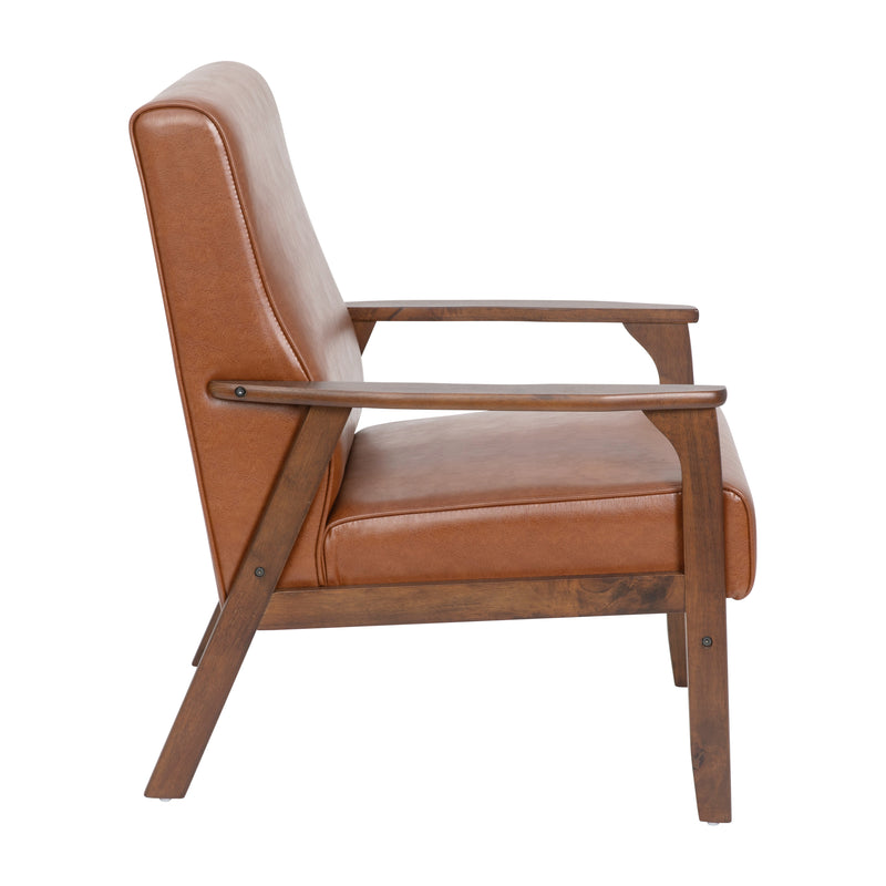 Lindley Mid-Century Modern Arm Chair with Walnut Finished Wood Frame and Faux Leather Upholstered Seat and Back Cushions