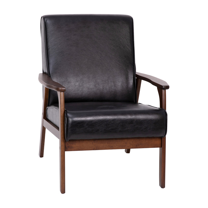 Lindley Mid-Century Modern Arm Chair with Walnut Finished Wood Frame and Faux Leather Upholstered Seat and Back Cushions