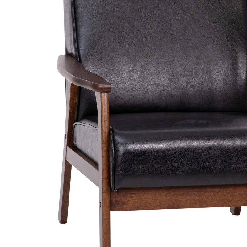 Lindley Mid-Century Modern Arm Chair with Walnut Finished Wood Frame and Faux Leather Upholstered Seat and Back Cushions