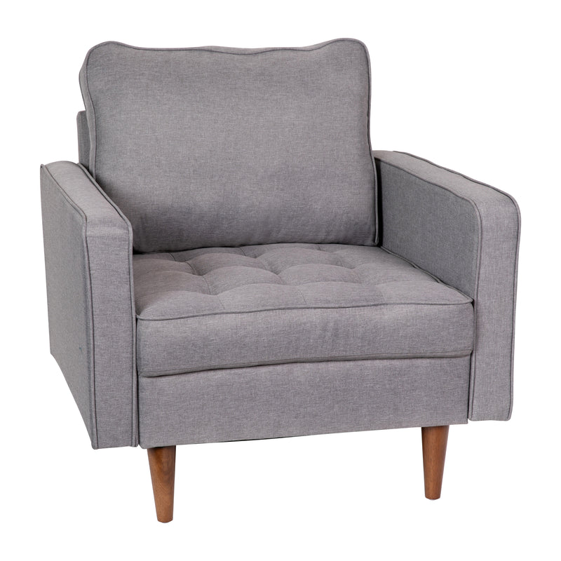 Hendrix Tufted Faux Linen Upholstered Mid-Century Modern Armchair with Solid Wood Legs