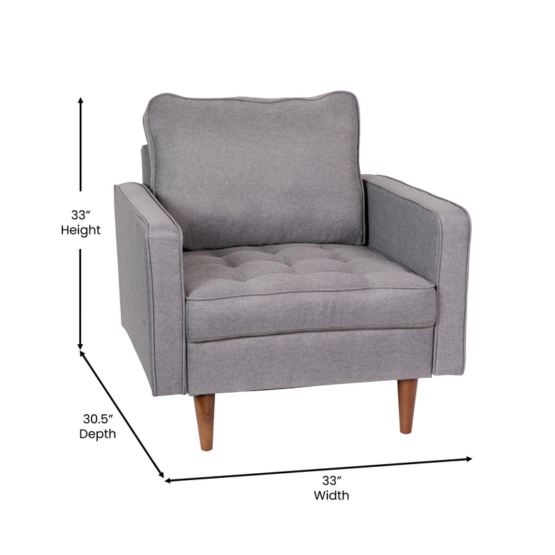 Hendrix Tufted Faux Linen Upholstered Mid-Century Modern Armchair with Solid Wood Legs