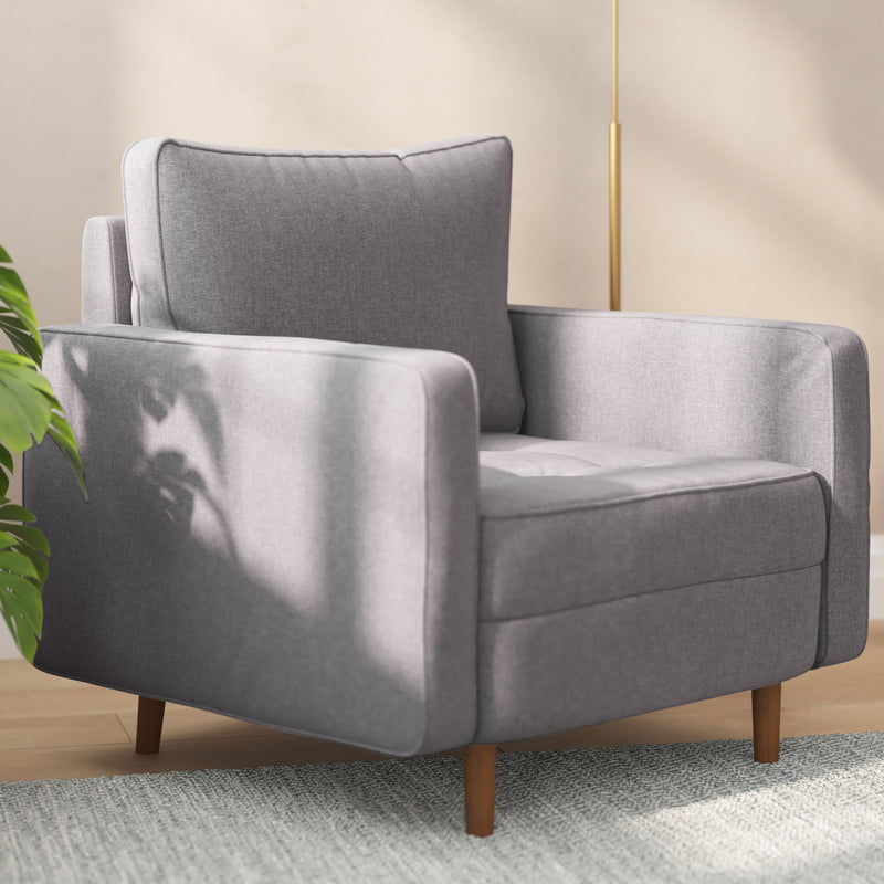 Hendrix Tufted Faux Linen Upholstered Mid-Century Modern Armchair with Solid Wood Legs