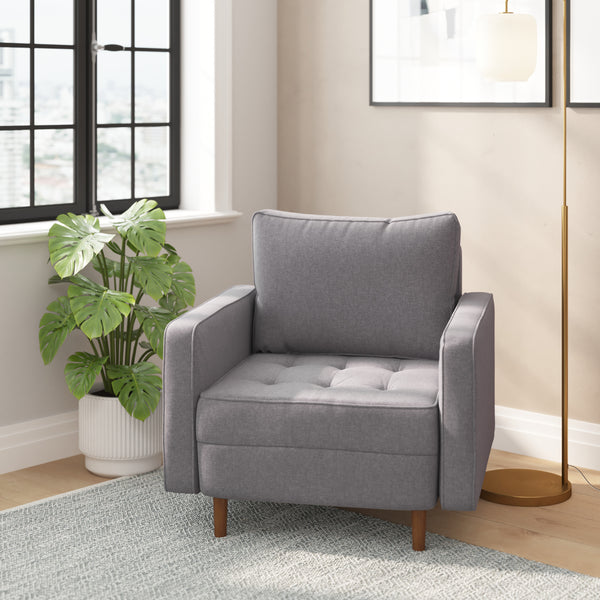 Hendrix Tufted Faux Linen Upholstered Mid-Century Modern Armchair with Solid Wood Legs