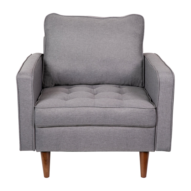 Hendrix Tufted Faux Linen Upholstered Mid-Century Modern Armchair with Solid Wood Legs