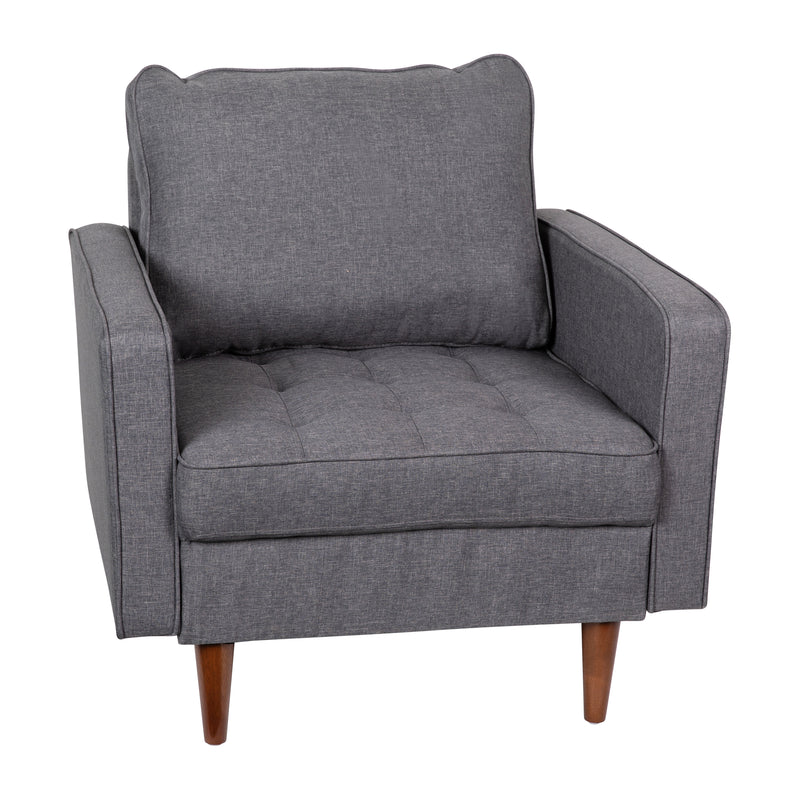 Hendrix Tufted Faux Linen Upholstered Mid-Century Modern Armchair with Solid Wood Legs