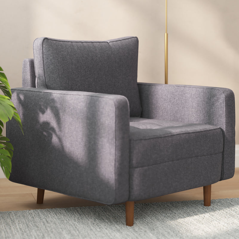 Hendrix Tufted Faux Linen Upholstered Mid-Century Modern Armchair with Solid Wood Legs