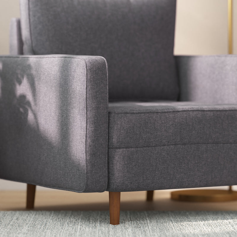 Hendrix Tufted Faux Linen Upholstered Mid-Century Modern Armchair with Solid Wood Legs