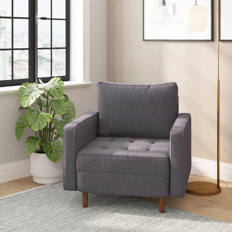 Hendrix Tufted Faux Linen Upholstered Mid-Century Modern Armchair with Solid Wood Legs