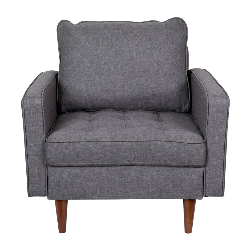 Hendrix Tufted Faux Linen Upholstered Mid-Century Modern Armchair with Solid Wood Legs