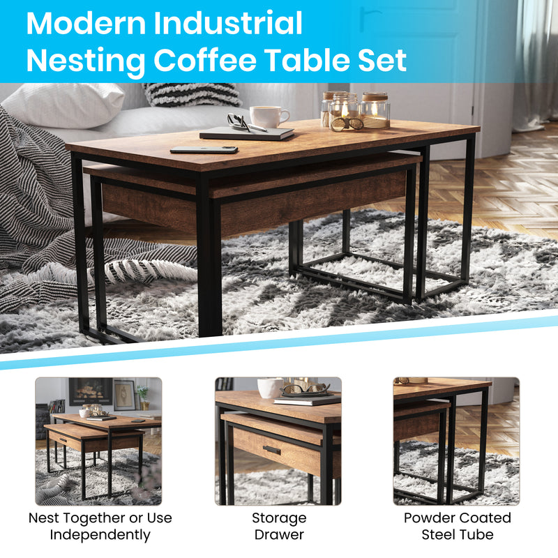 Edgeton Two Piece Modern Nesting Coffee Table Set with Storage Drawer