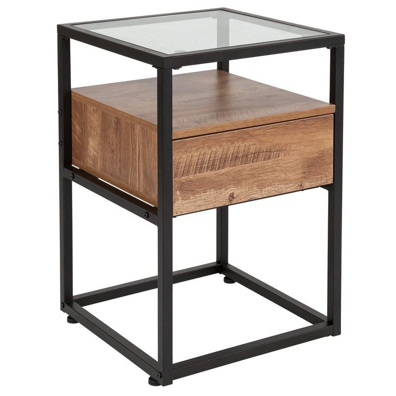 Casterly Glass End Table with Drawer and Shelf in Rustic Wood Grain Finish