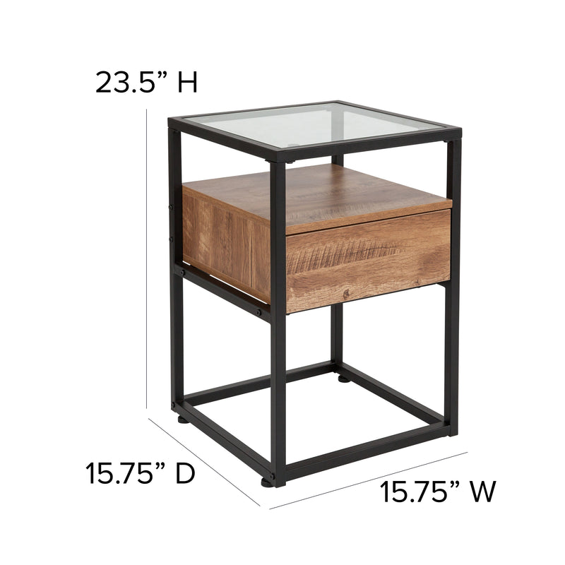 Casterly Glass End Table with Drawer and Shelf in Rustic Wood Grain Finish