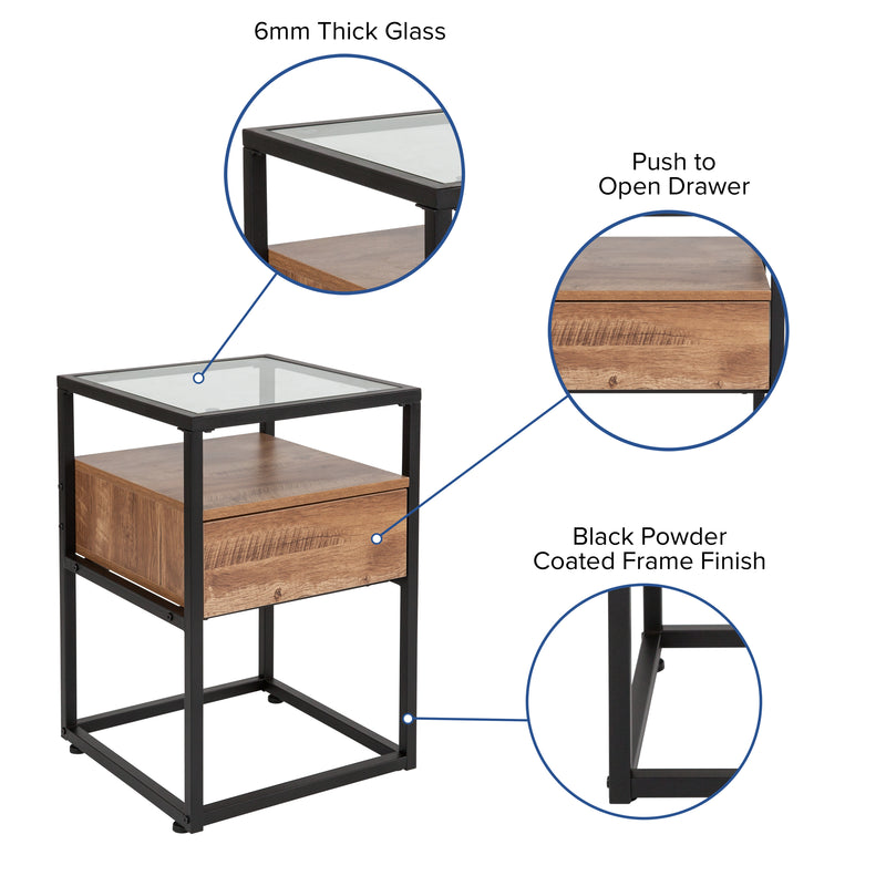 Casterly Glass End Table with Drawer and Shelf in Rustic Wood Grain Finish