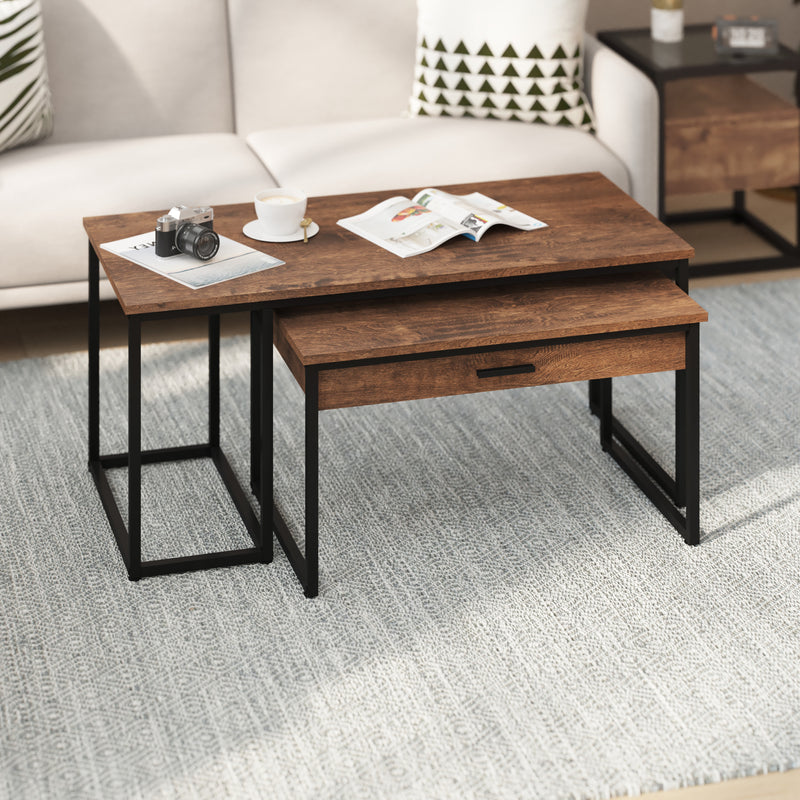 Edgeton Two Piece Modern Nesting Coffee Table Set with Storage Drawer