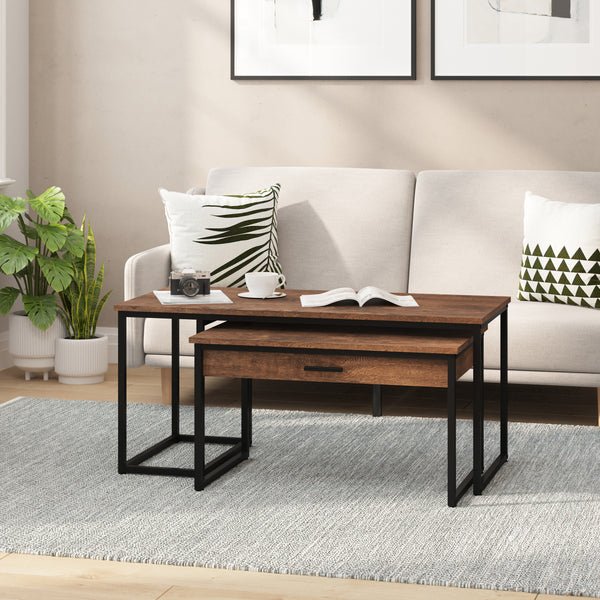 Edgeton Two Piece Modern Nesting Coffee Table Set with Storage Drawer