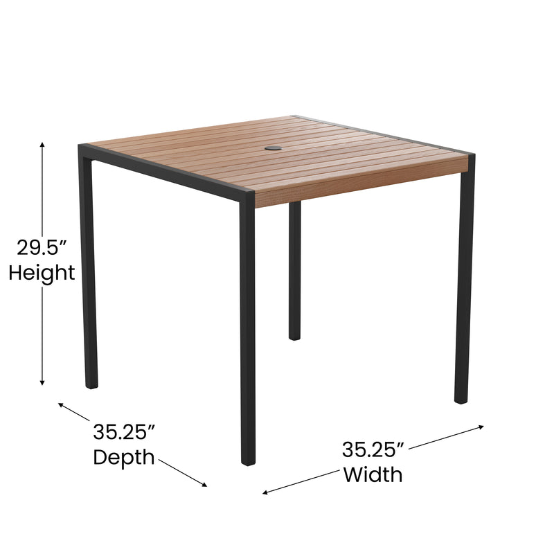 Outdoor Dining Table with Synthetic Teak Poly Slats - Square Steel Framed Restaurant Table with Umbrella Holder Hole