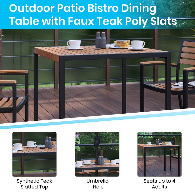 Outdoor Dining Table with Synthetic Teak Poly Slats - Square Steel Framed Restaurant Table with Umbrella Holder Hole