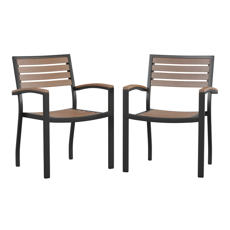 Lark Outdoor Stackable Faux Teak Side Chair - Commercial Grade Metal Patio Chair with Synthetic Teak Slats - Set of 2